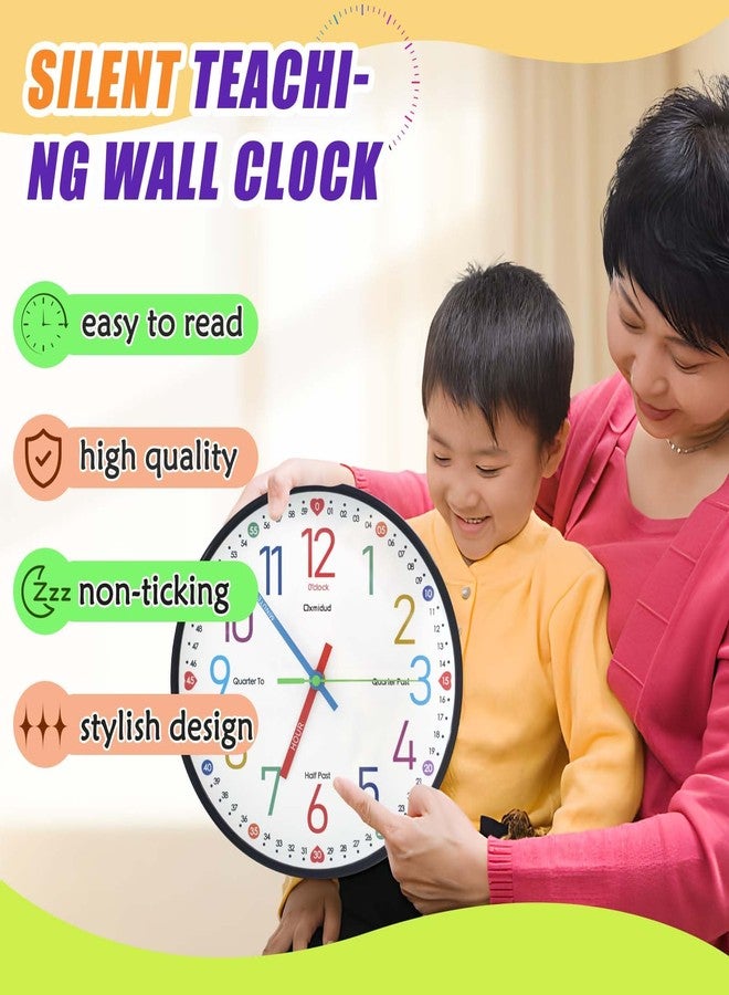 Oxmidud Learning Clock for Kids, 10'' Silent Non-Ticking Teaching to Tell Time Colorful Wall Clocks for Children's Room Bedroom Classroom Home Decor, Gifts for Christmas Birthday (Black) - Image 3